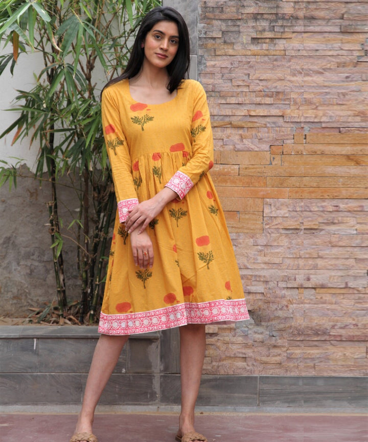 Mustard yellow hand block printed cotton dobby dress