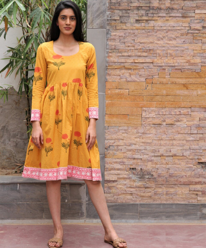 Mustard yellow hand block printed cotton dobby dress