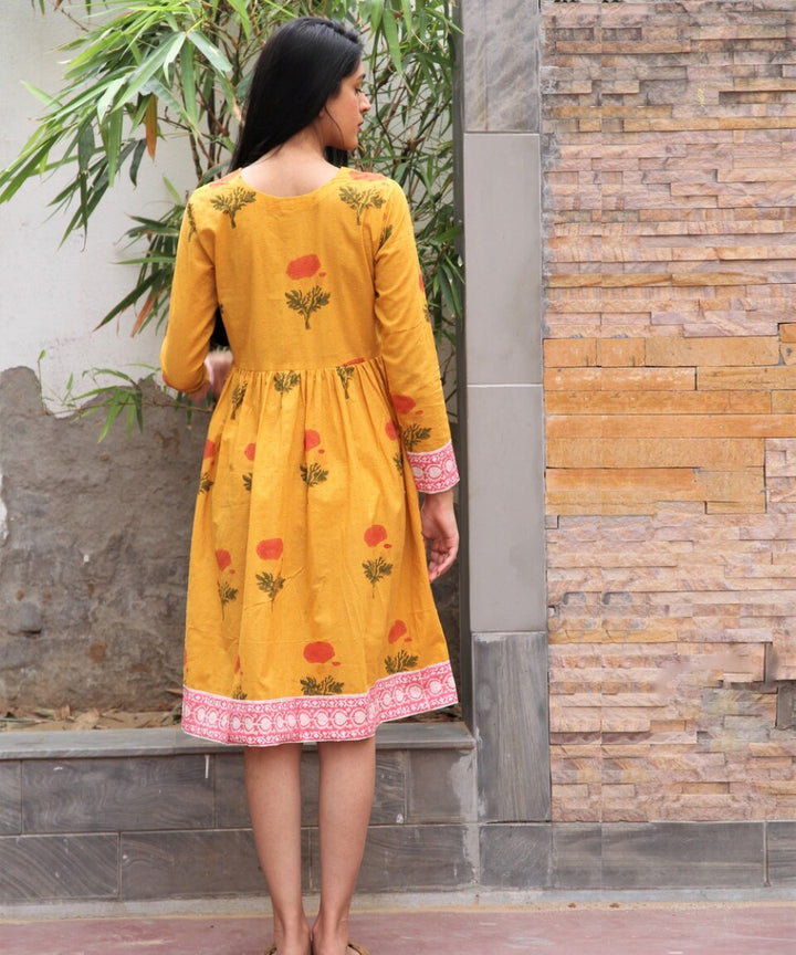 Mustard yellow hand block printed cotton dobby dress