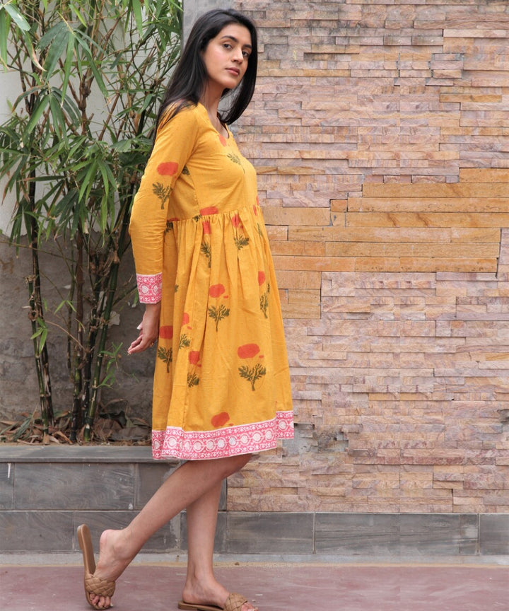Mustard yellow hand block printed cotton dobby dress