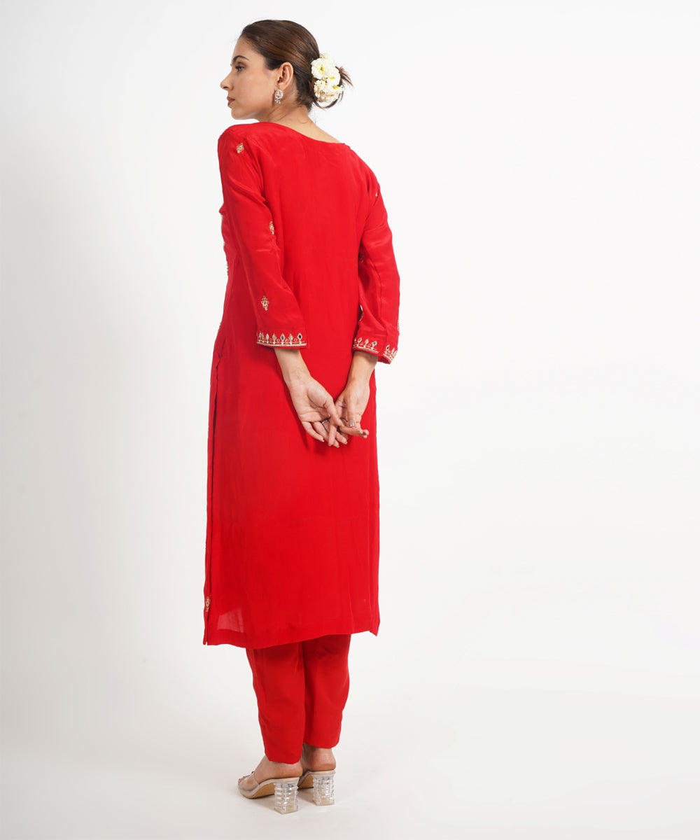 Red sheeshmahal hand embroidered silk crepe womens suit- set of 3