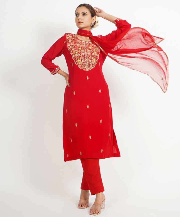 Red sheeshmahal hand embroidered silk crepe womens suit- set of 3
