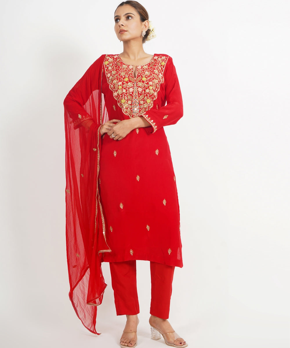 Red sheeshmahal hand embroidered silk crepe womens suit- set of 3