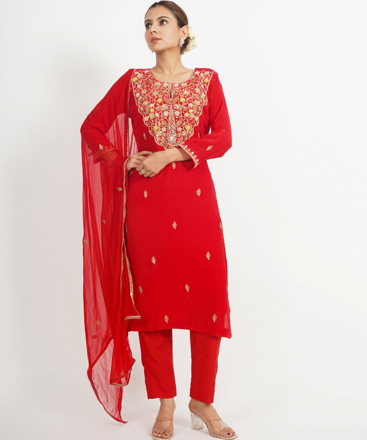 Red sheeshmahal hand embroidered silk crepe womens suit- set of 3