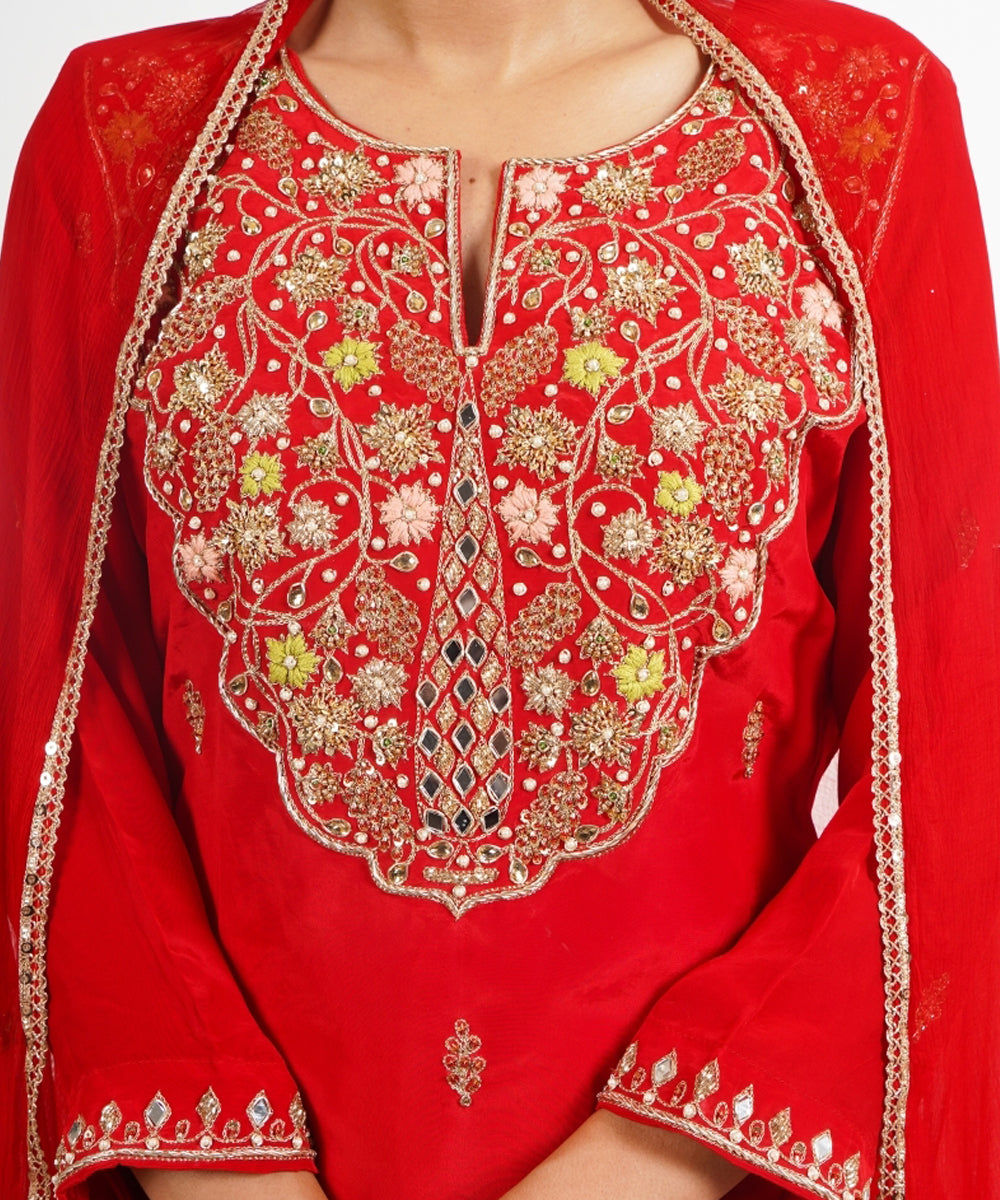 Red sheeshmahal hand embroidered silk crepe womens suit- set of 3