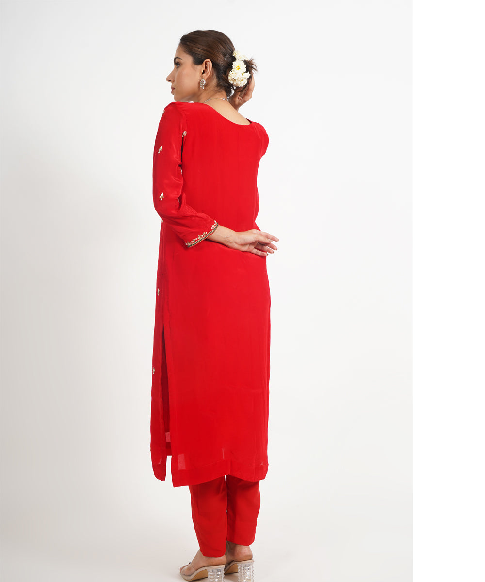 Red peacock hand embroidered silk crepe womens suit- set of 3