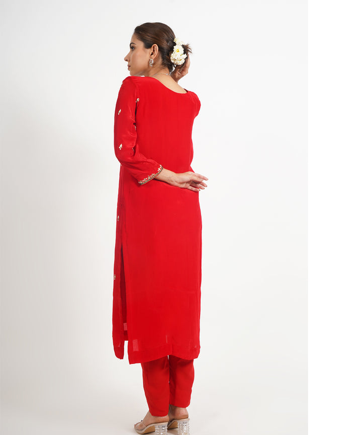 Red peacock hand embroidered silk crepe womens suit- set of 3