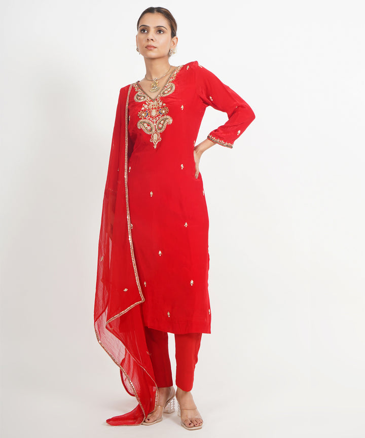 Red peacock hand embroidered silk crepe womens suit- set of 3