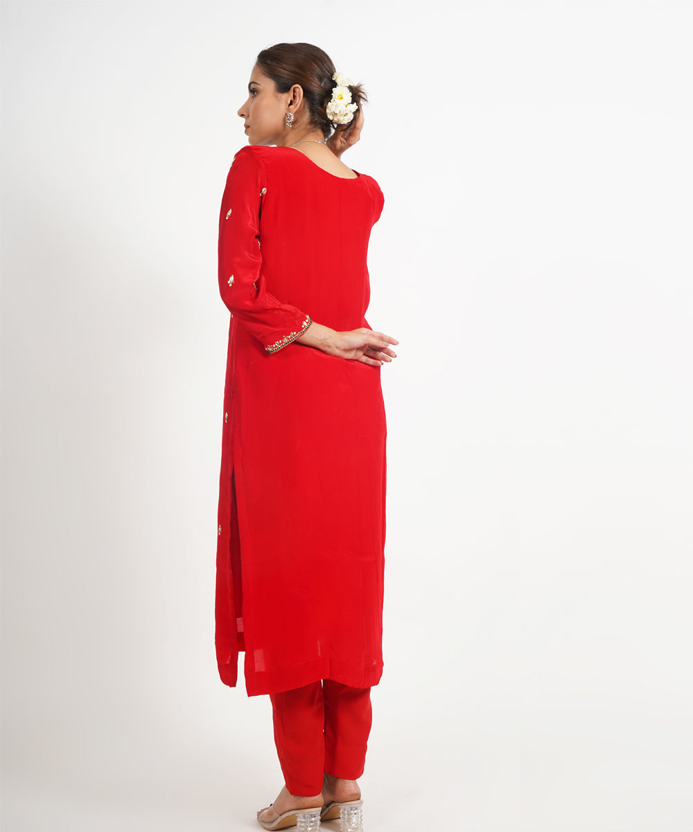 Red peacock hand embroidered silk crepe womens suit- set of 3