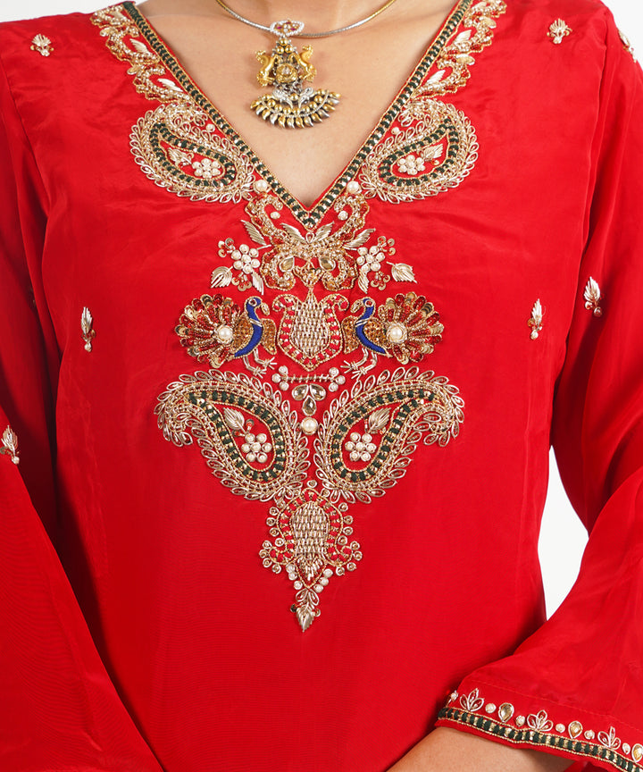 Red peacock hand embroidered silk crepe womens suit- set of 3