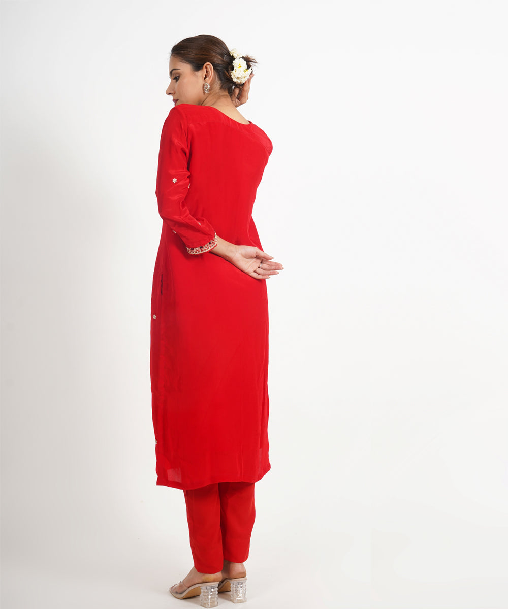 Red motimahal hand embroidered silk crepe womens suit- set of 3