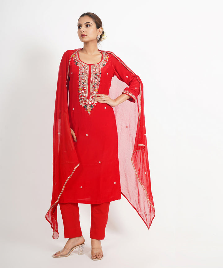 Red motimahal hand embroidered silk crepe womens suit- set of 3