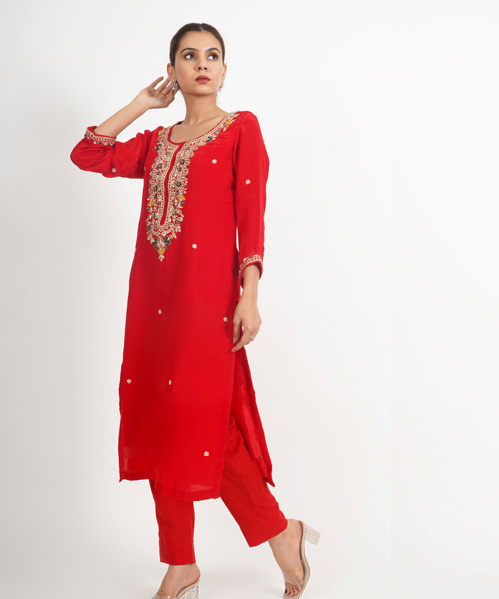 Red motimahal hand embroidered silk crepe womens suit- set of 3