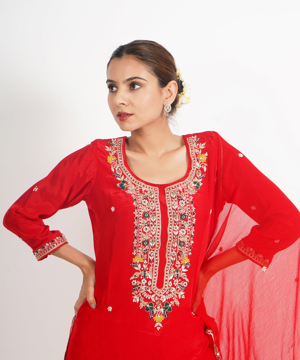 Red motimahal hand embroidered silk crepe womens suit- set of 3