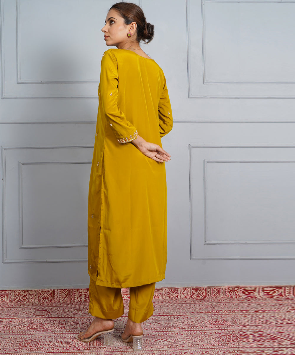 Mustard yellow amber glow hand embroidered silk crepe womens suit- set of 3