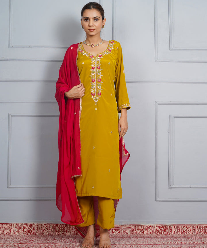 Mustard yellow amber glow hand embroidered silk crepe womens suit- set of 3