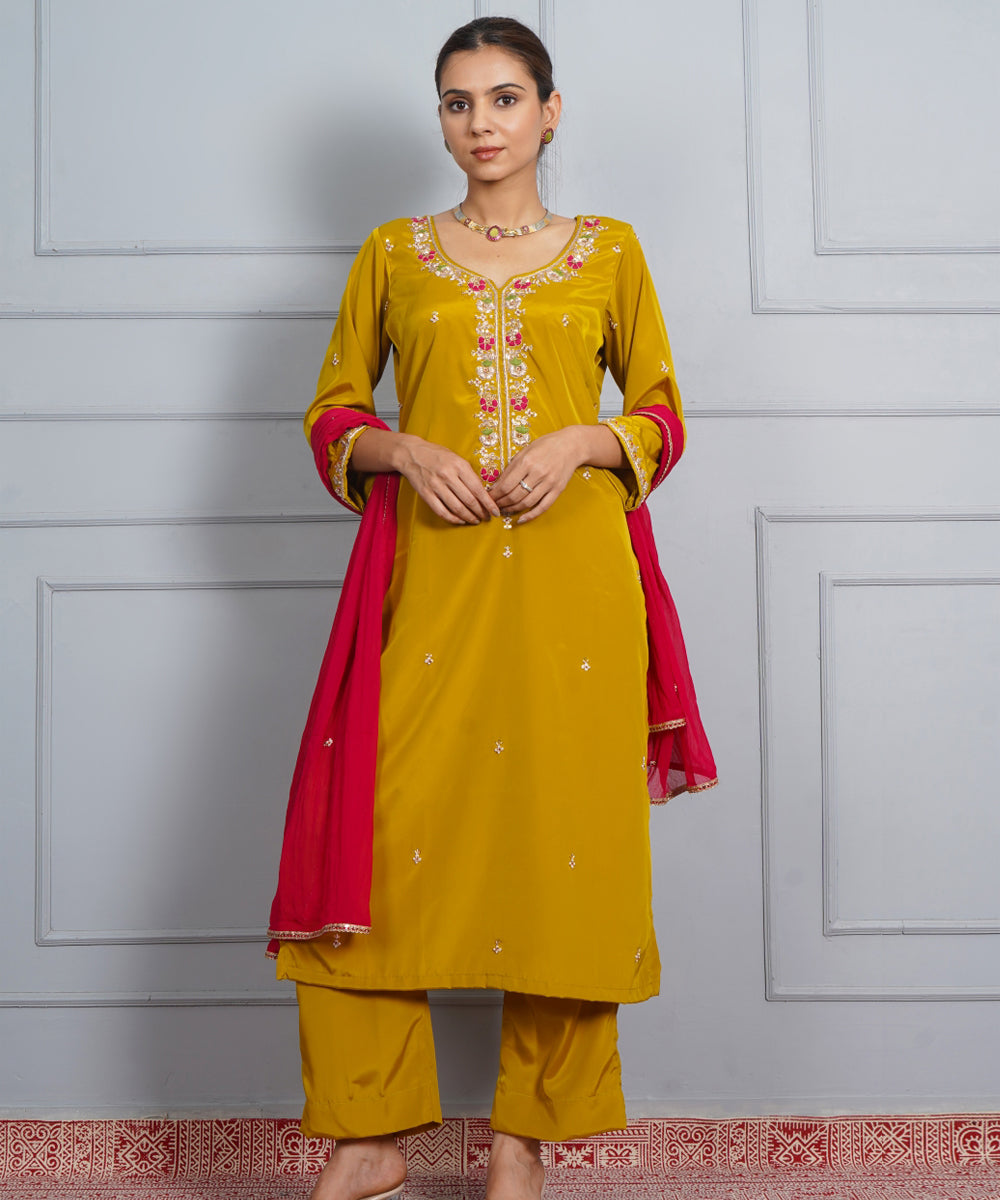 Mustard yellow amber glow hand embroidered silk crepe womens suit- set of 3
