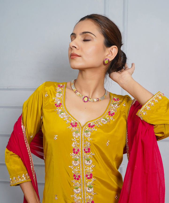 Mustard yellow amber glow hand embroidered silk crepe womens suit- set of 3