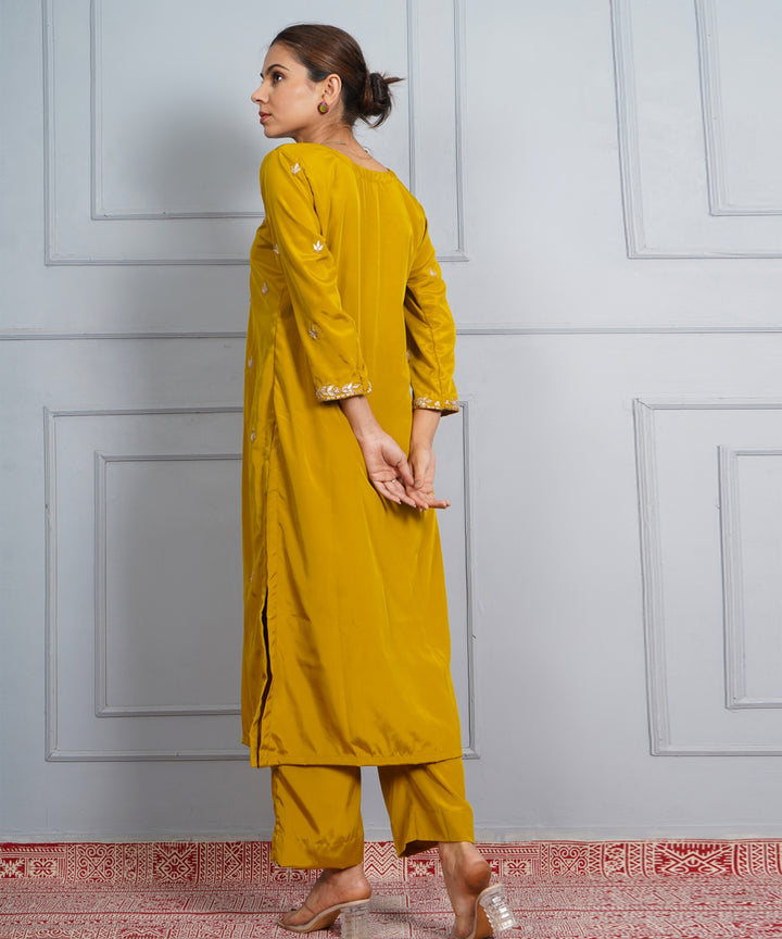 Mustard yellow patrika gate hand embroidered silk crepe womens suit- set of 3
