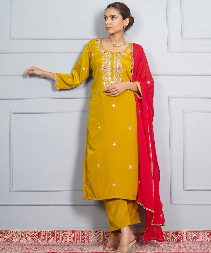 Mustard yellow patrika gate hand embroidered silk crepe womens suit- set of 3