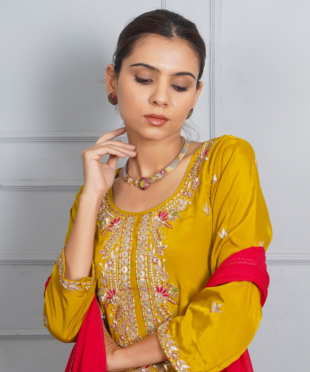 Mustard yellow patrika gate hand embroidered silk crepe womens suit- set of 3