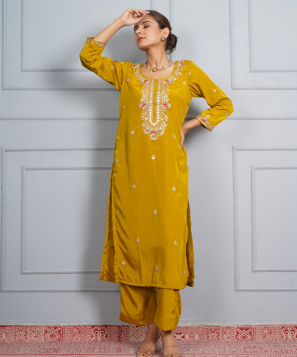 Mustard yellow patrika gate hand embroidered silk crepe womens suit- set of 3