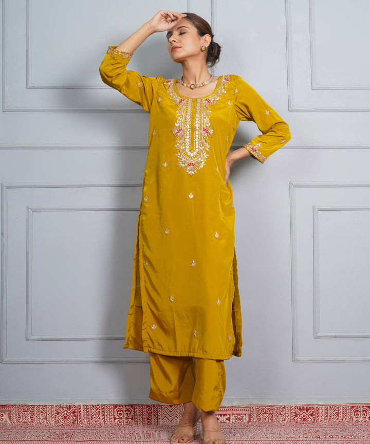 Mustard yellow patrika gate hand embroidered silk crepe womens suit- set of 3