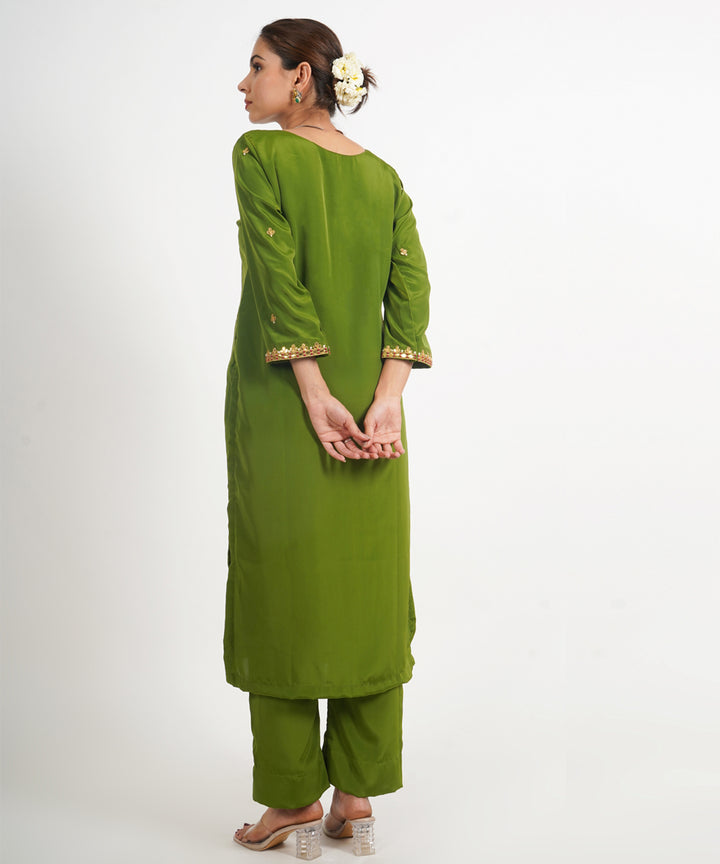 Green hawa mahal hand embroidered silk crepe womens suit- set of 3