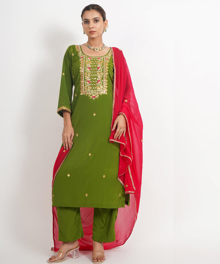 Green hawa mahal hand embroidered silk crepe womens suit- set of 3