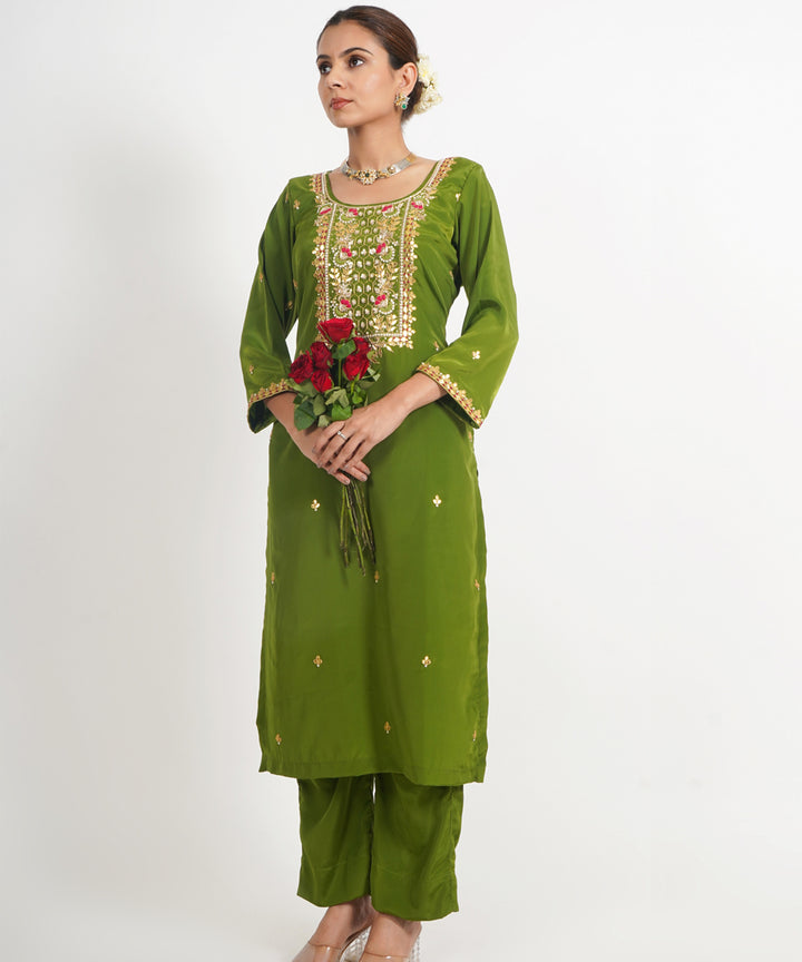 Green hawa mahal hand embroidered silk crepe womens suit- set of 3