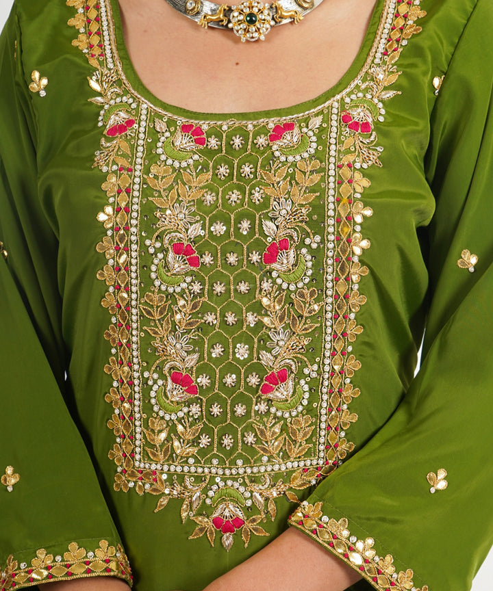 Green hawa mahal hand embroidered silk crepe womens suit- set of 3