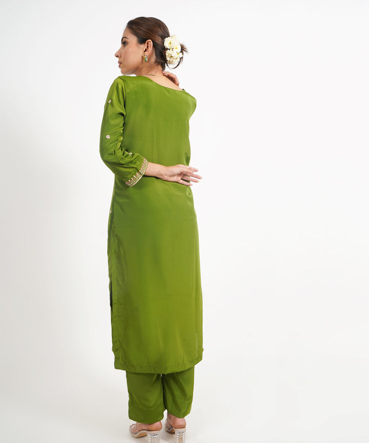 Green panna meena hand embroidered silk crepe womens suit- set of 3