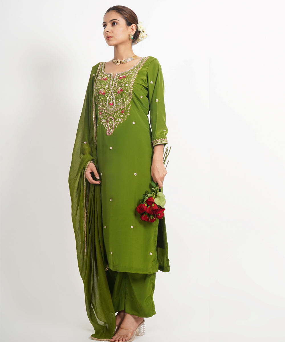 Green panna meena hand embroidered silk crepe womens suit- set of 3