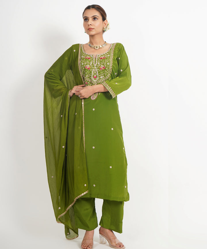 Green panna meena hand embroidered silk crepe womens suit- set of 3