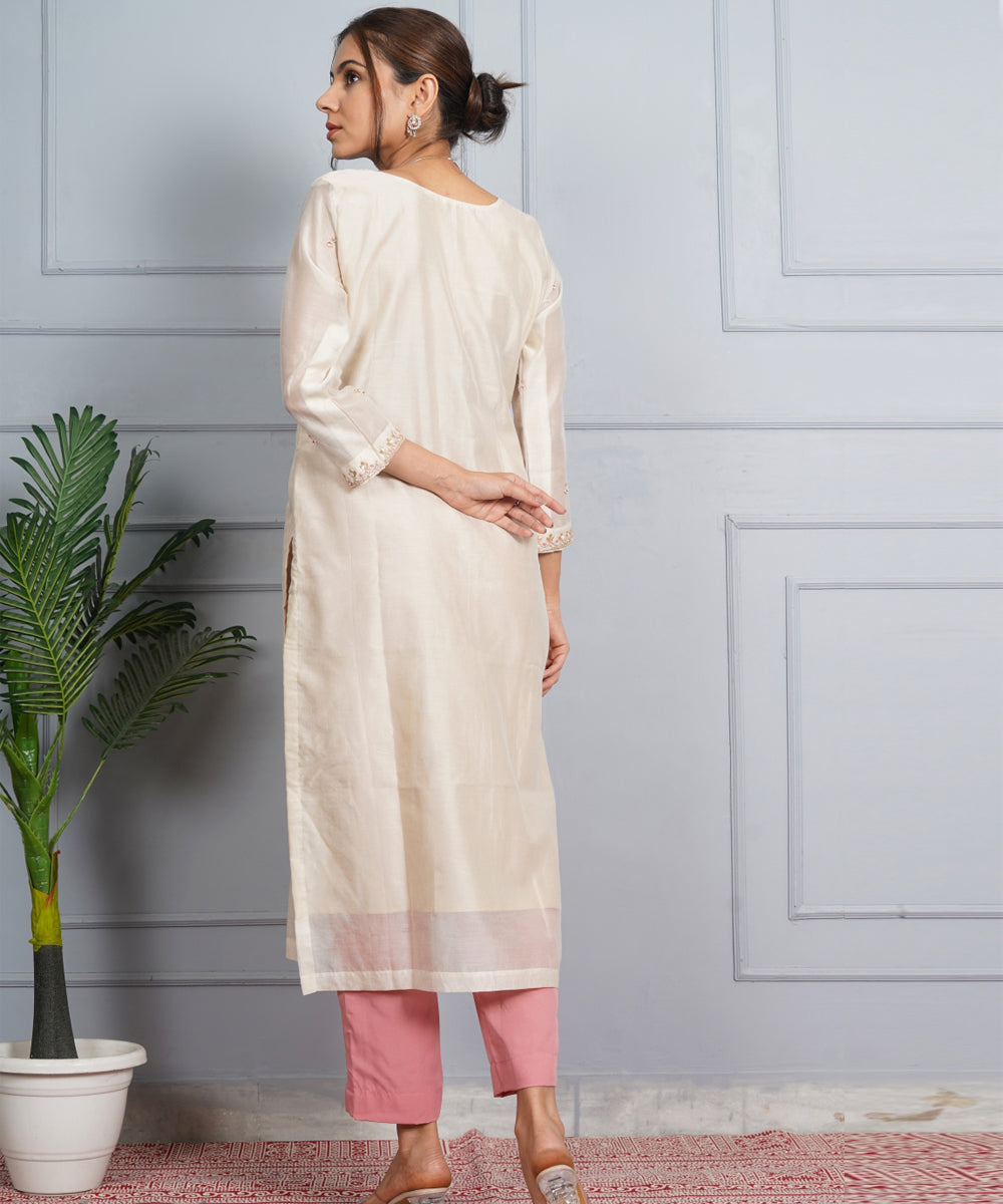 Off white amber glow hand embroidered chanderi silk womens suit- set of 3