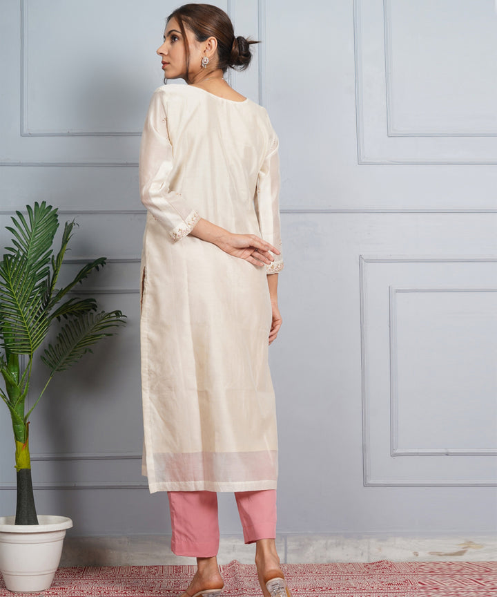 Off white amber glow hand embroidered chanderi silk womens suit- set of 3