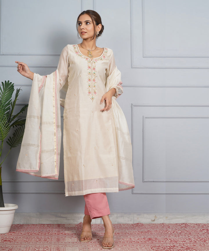 Off white amber glow hand embroidered chanderi silk womens suit- set of 3
