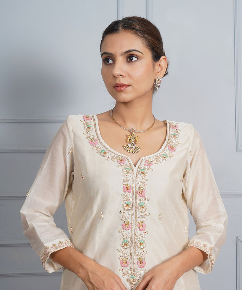 Off white amber glow hand embroidered chanderi silk womens suit- set of 3