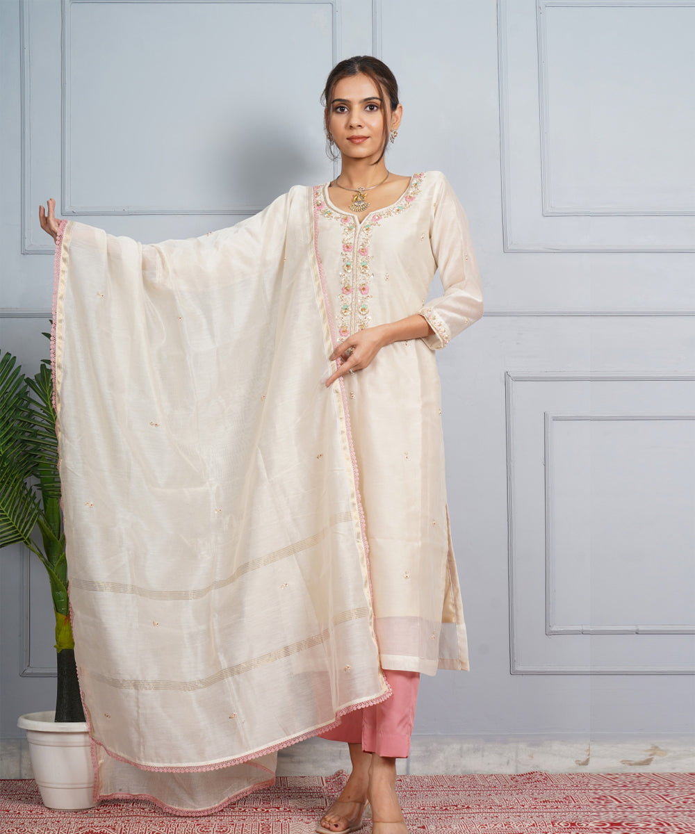 Off white amber glow hand embroidered chanderi silk womens suit- set of 3