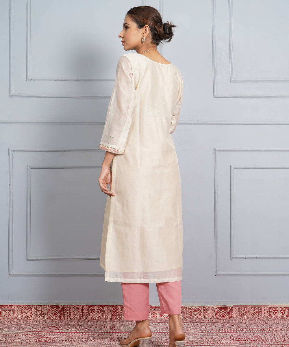 Off white jantar mantar hand embroidered chanderi silk womens suit- set of 3