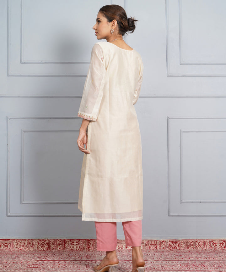 Off white jantar mantar hand embroidered chanderi silk womens suit- set of 3