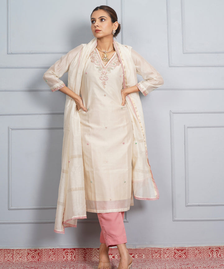 Off white jantar mantar hand embroidered chanderi silk womens suit- set of 3