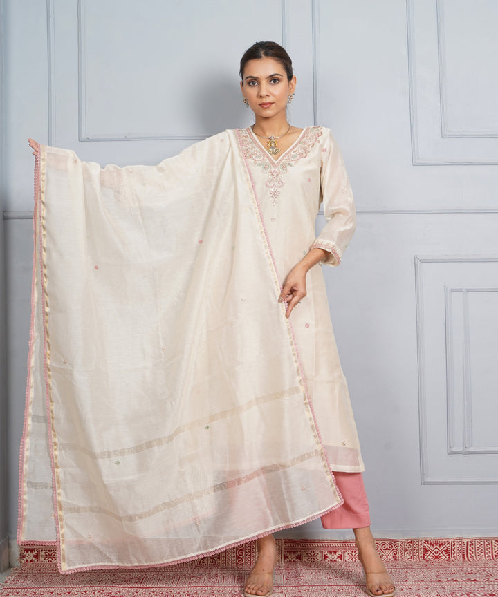 Off white jantar mantar hand embroidered chanderi silk womens suit- set of 3