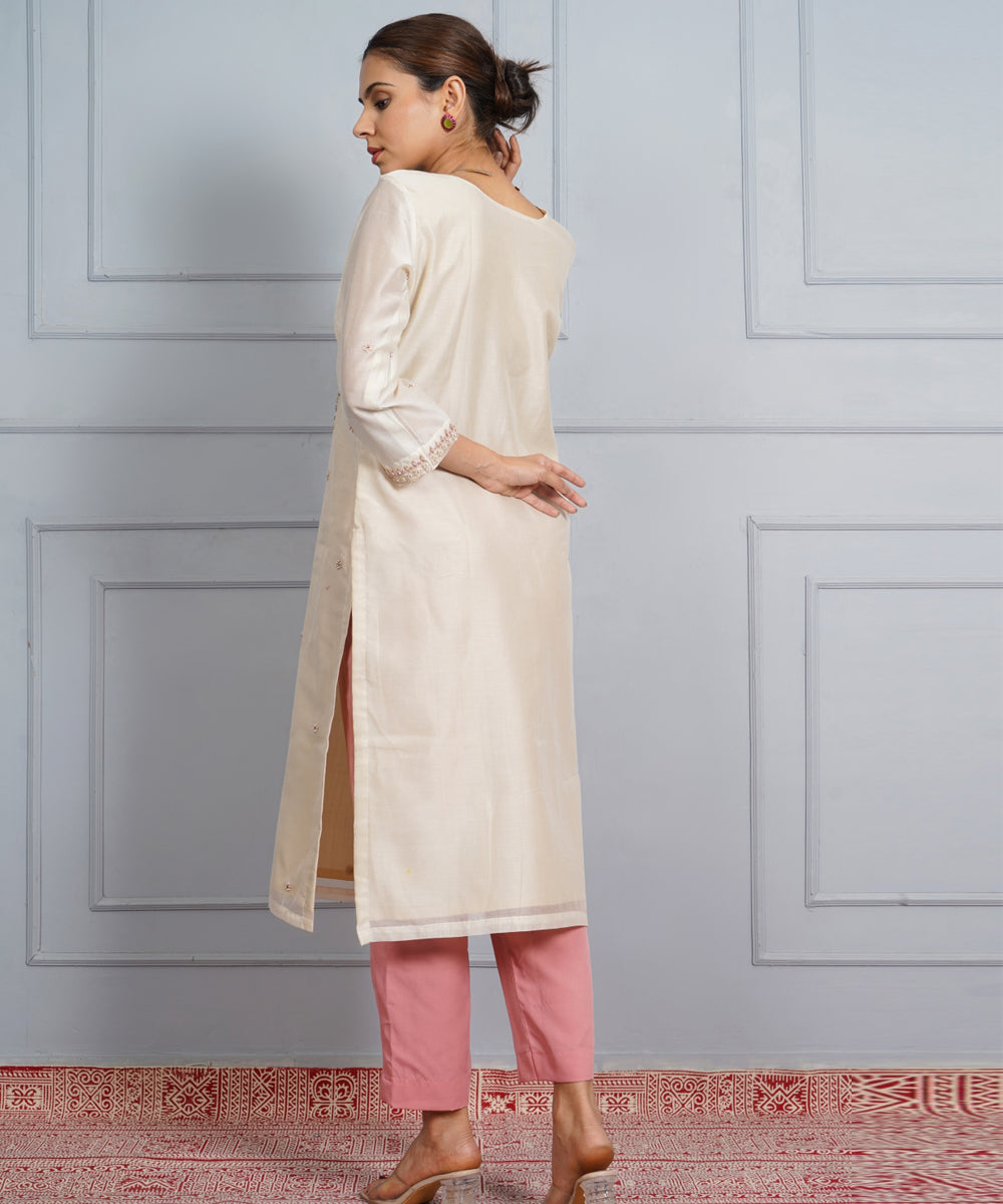 Off white panna meena hand embroidered chanderi silk womens suit- set of 3