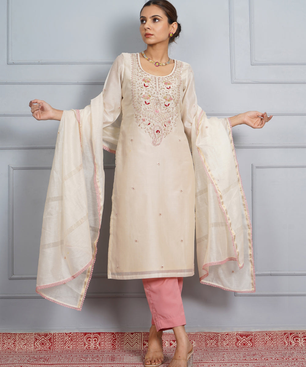 Off white panna meena hand embroidered chanderi silk womens suit- set of 3