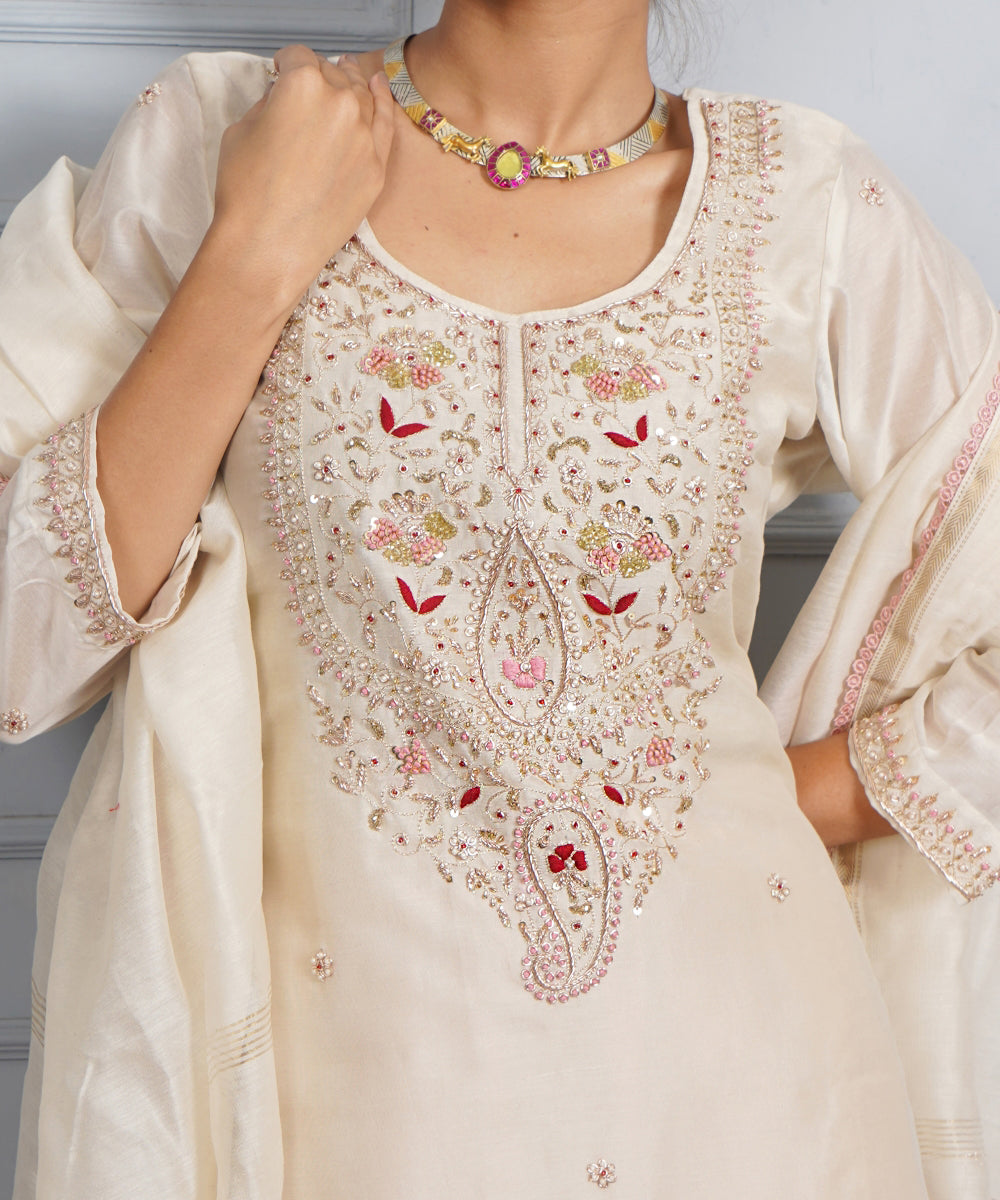 Off white panna meena hand embroidered chanderi silk womens suit- set of 3