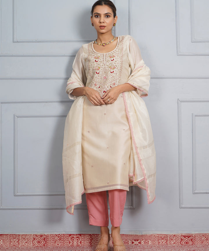 Off white panna meena hand embroidered chanderi silk womens suit- set of 3