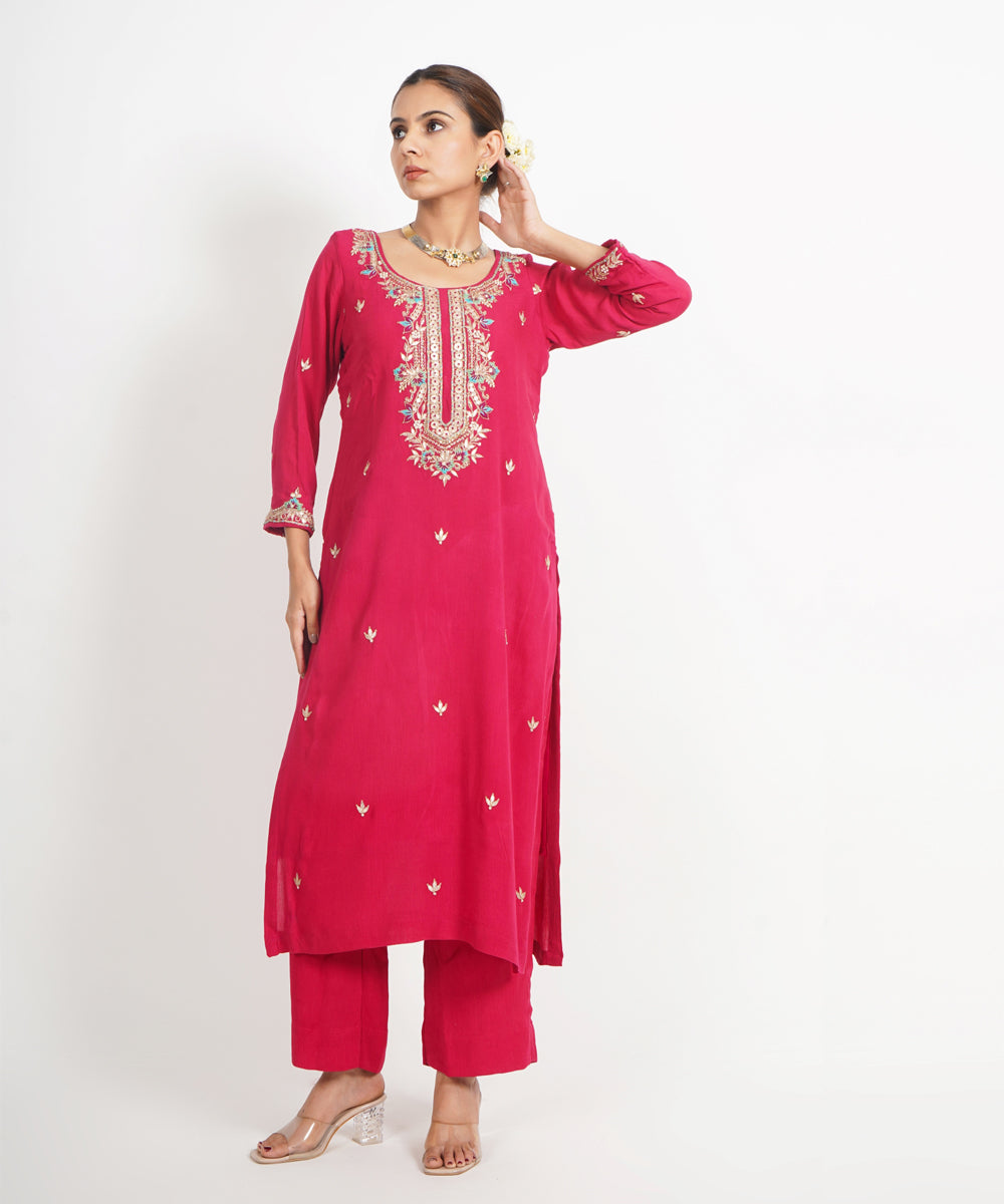 Red patrika gate hand embroidered silk crepe womens suit- set of 3