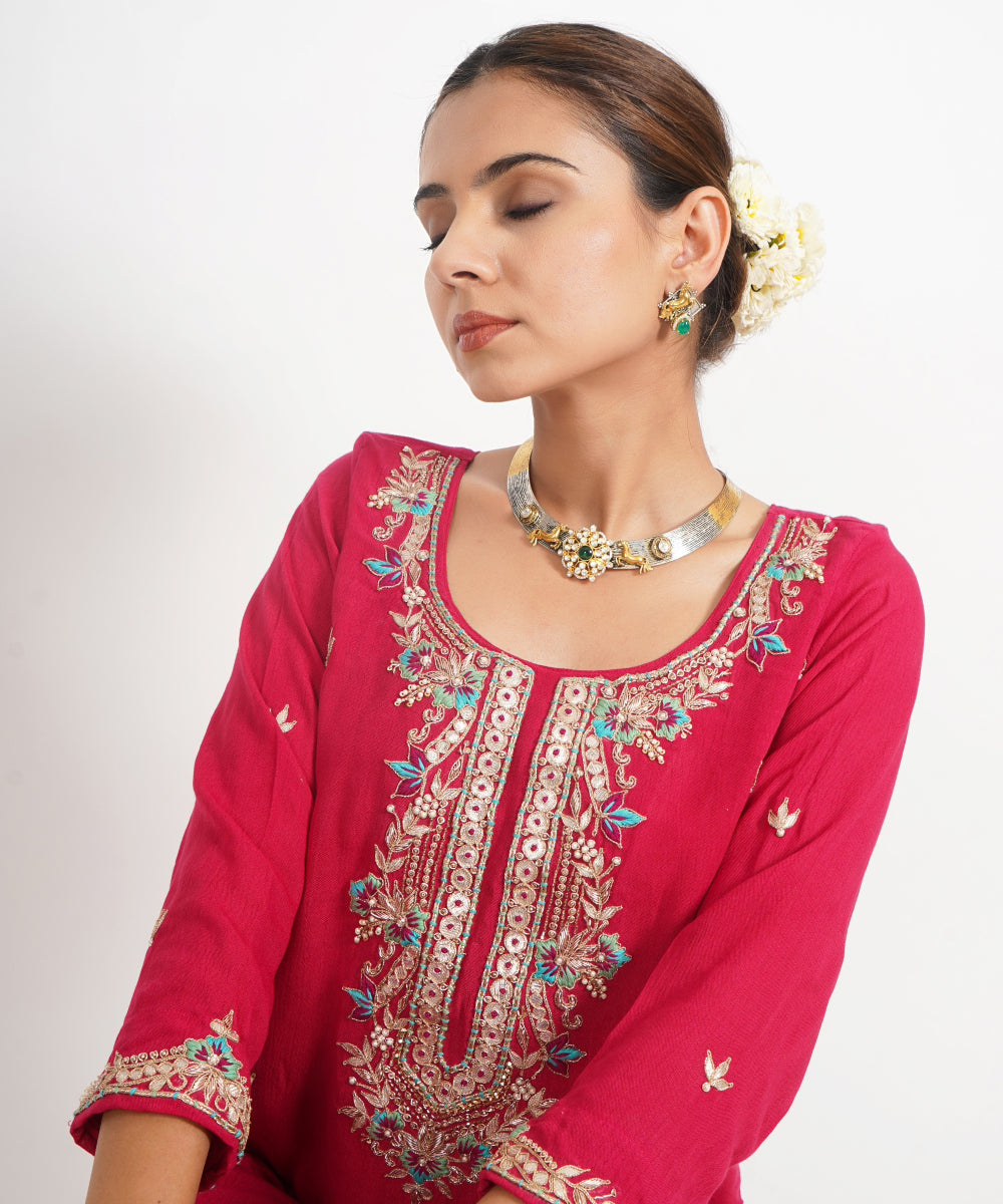 Red patrika gate hand embroidered silk crepe womens suit- set of 3