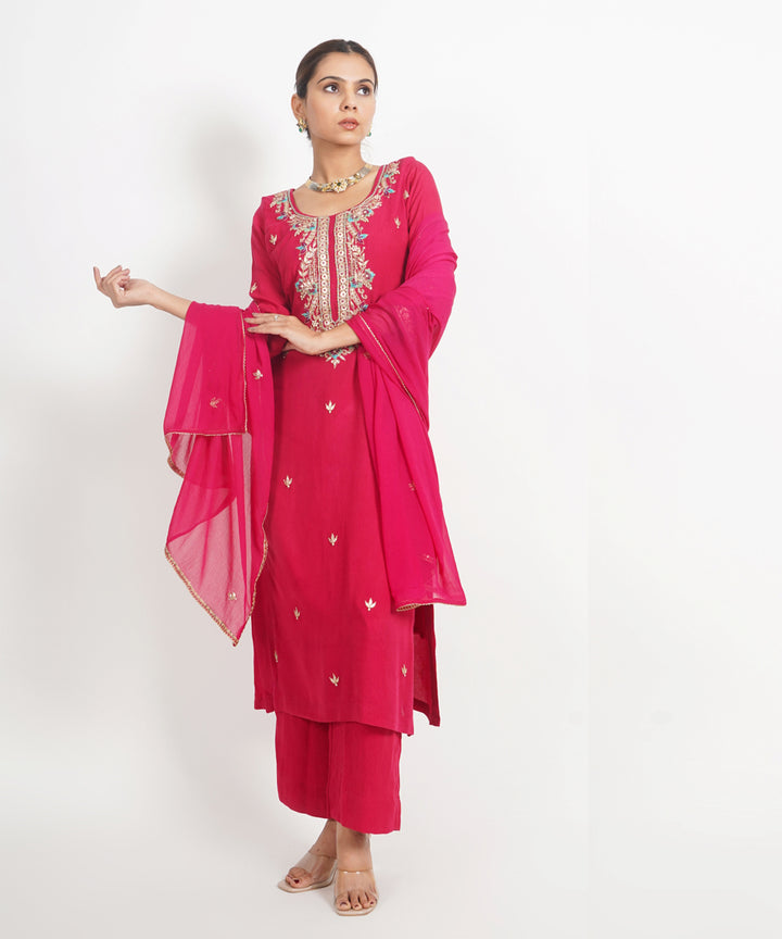 Red patrika gate hand embroidered silk crepe womens suit- set of 3